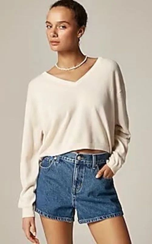 NWT J. Crew Cashmere Relaxed Cropped V-neck Sweater Hthr Muslin Neutral Size M