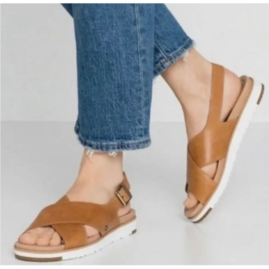 UGG Kari Sandal Women 7.5 Tan Leather Criss Cross Slingback Treadlite Comfort