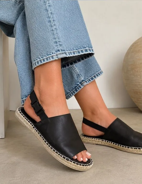 Miista Leather Whipstitch Trim Slingback Flats Espadrille Sandals Black US 8.5