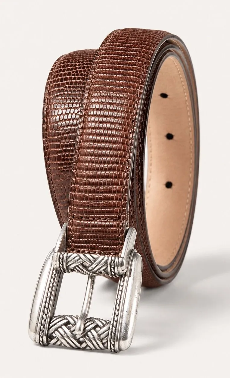 Brighton Womens Brown Lizard Embossed Leather Belt Size L Silver Buckle Western