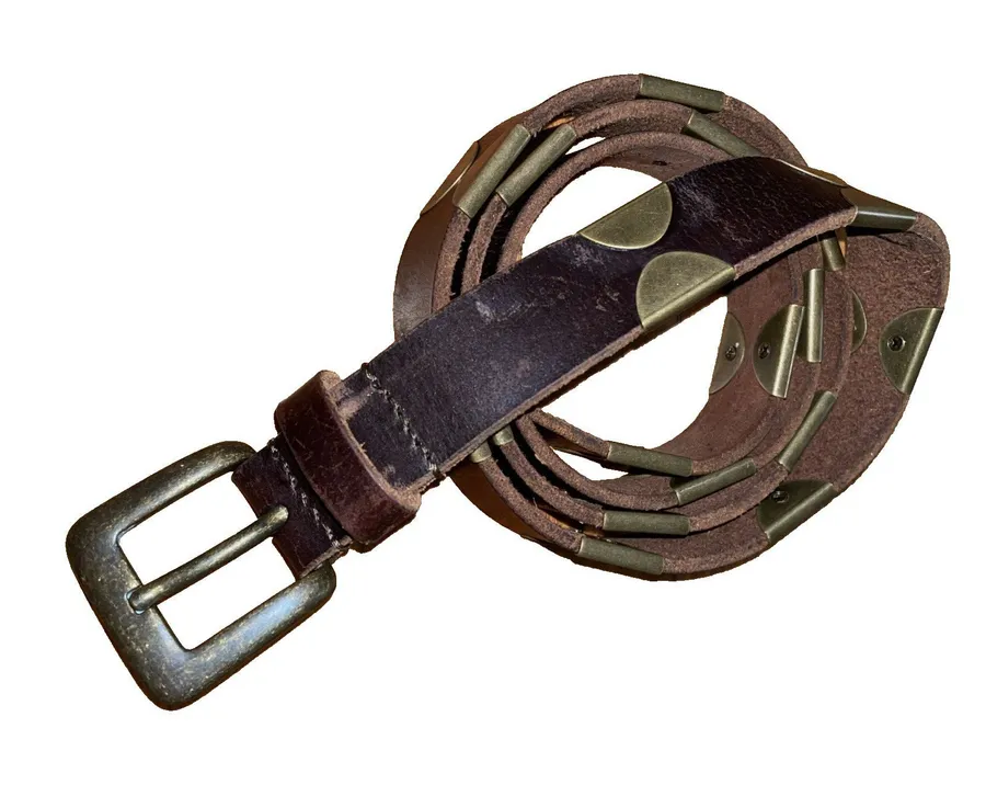 Lucky Brand Brown Leather Belt Large 1" Crescent Brass Studded Boho Western