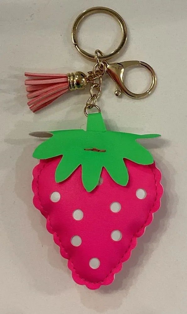Pink Faux Leather Strawberry Purse Charm Keychain with Tassel