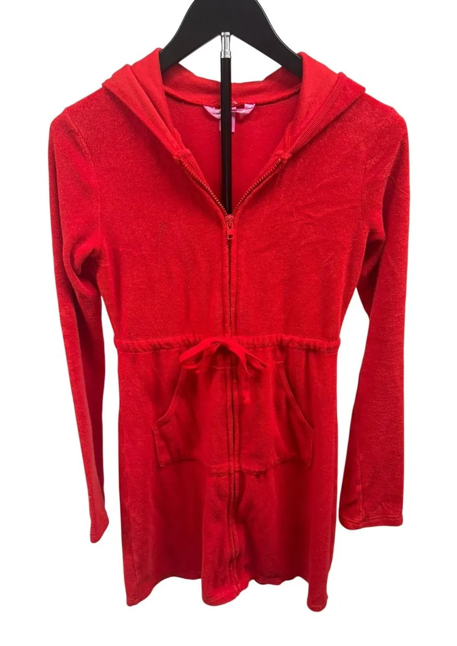 Y2K 2005 VS PINK Red Terry Cloth Zip Up Hooded Swim Cover Up Dress Small