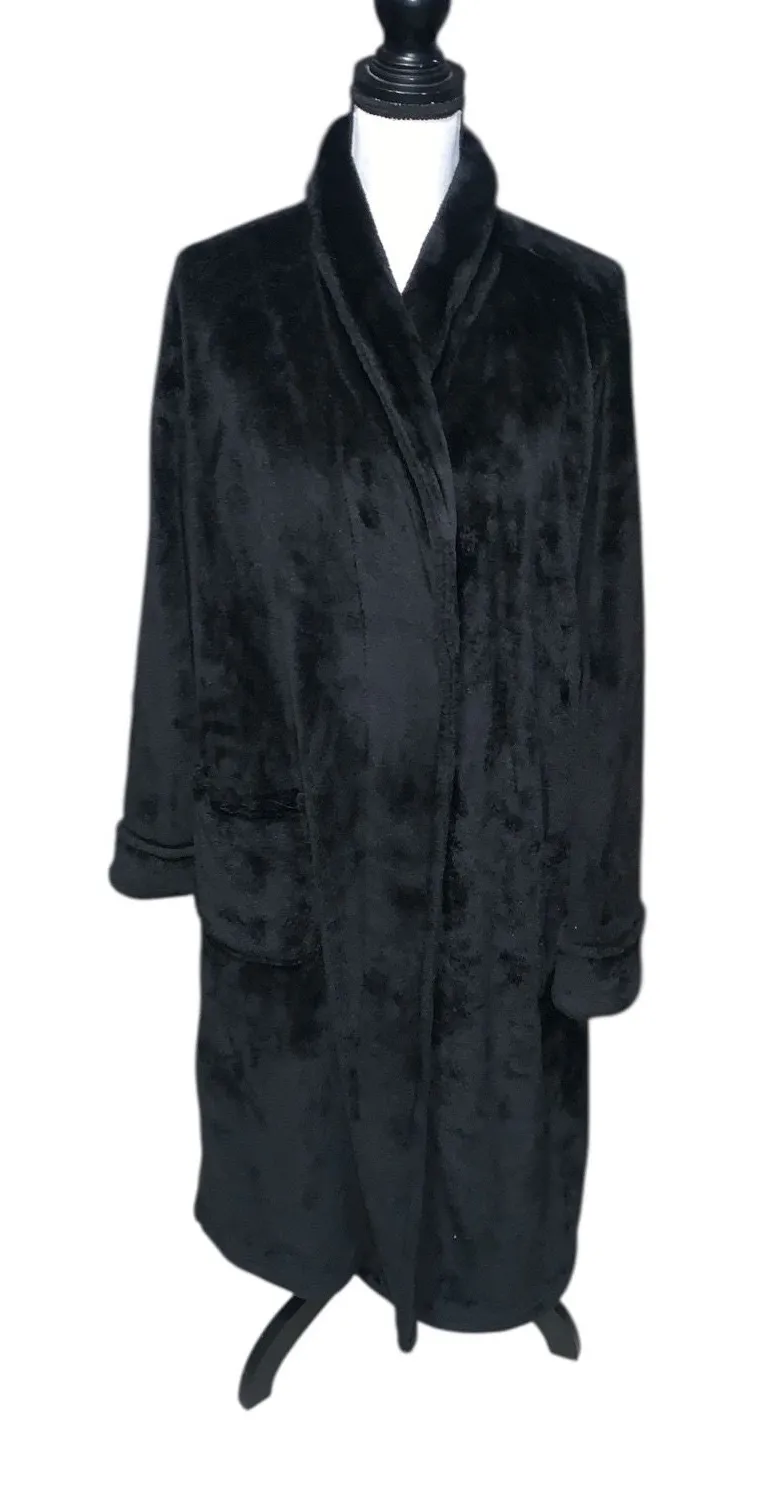 Joyspun Plush Shawl Collar Women's Robe Long Black Pockets