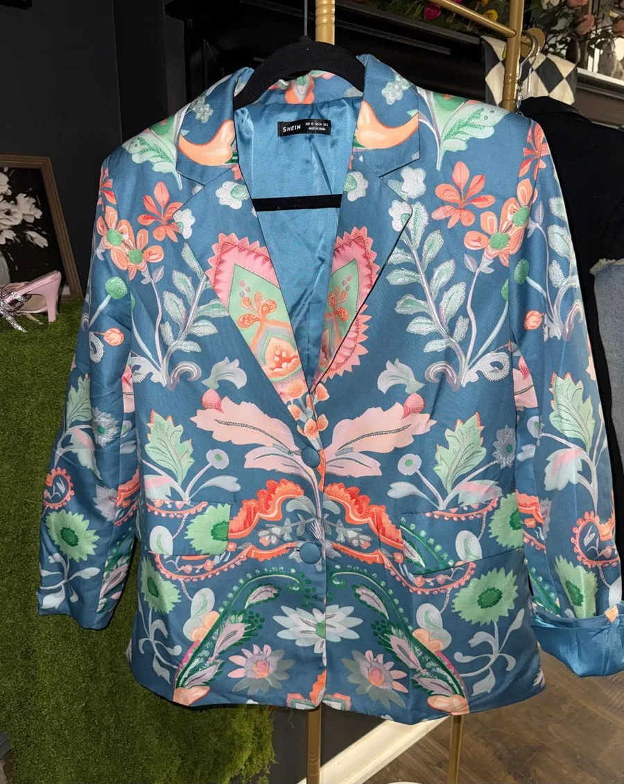 SHEIN Blue Floral Satin Blazer with Coral & Mint Accents