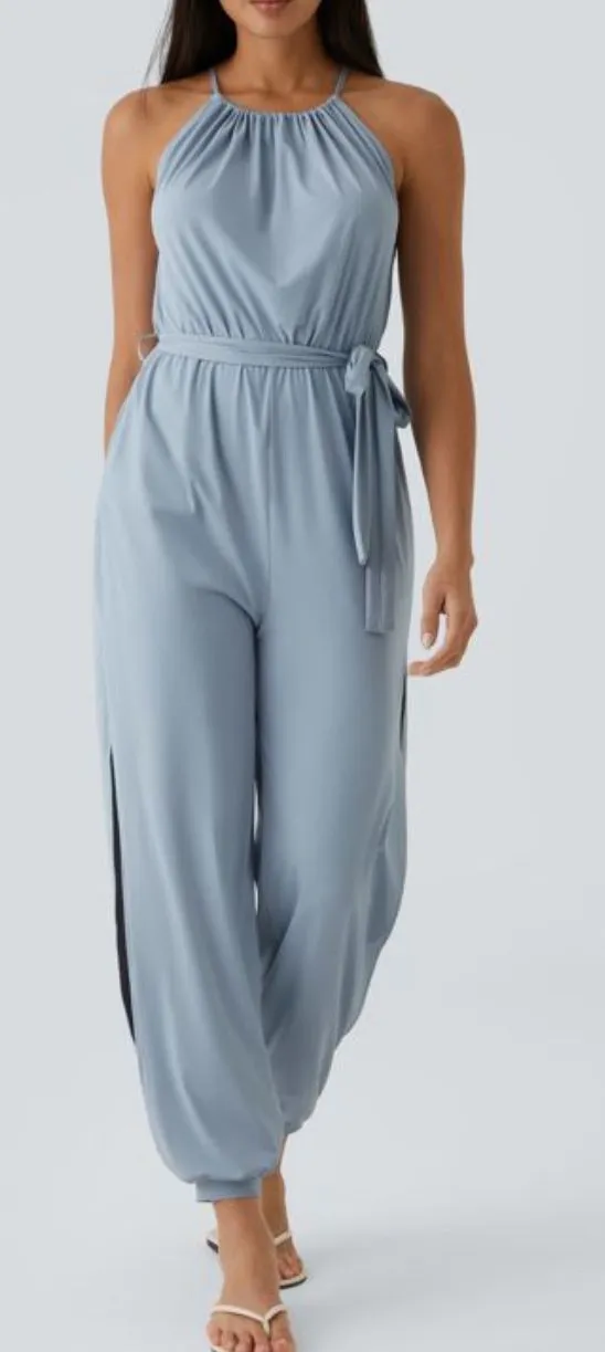 Halara Sleeveless Tie Back Belted Pocket Cut Out Cool Touch Jumpsuit-UPF50+ S