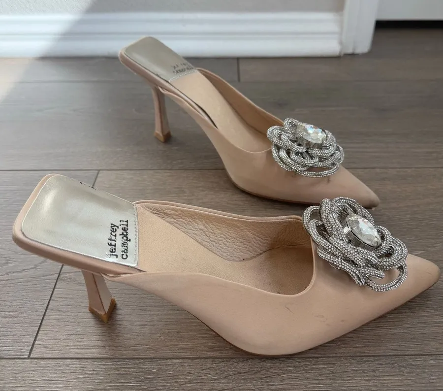Jeffrey Campbell x REVOLVE Viviana Mules Satin Creme Rhinestones 7 Kitten Heel