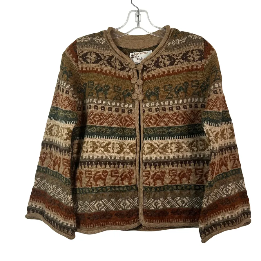 Inka Tradition Baby Alpaca Hand Made Peru Fair Isle Llama Knit Cardigan Sweater Brown