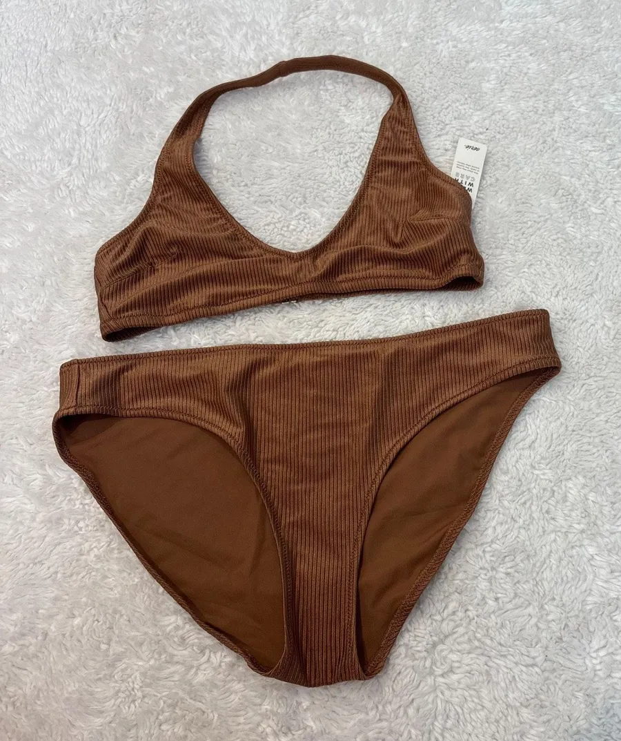 Aerie Womens Gold Ribbed Bikini Set L/XL Outdoors Beach Summer Resort Vacation