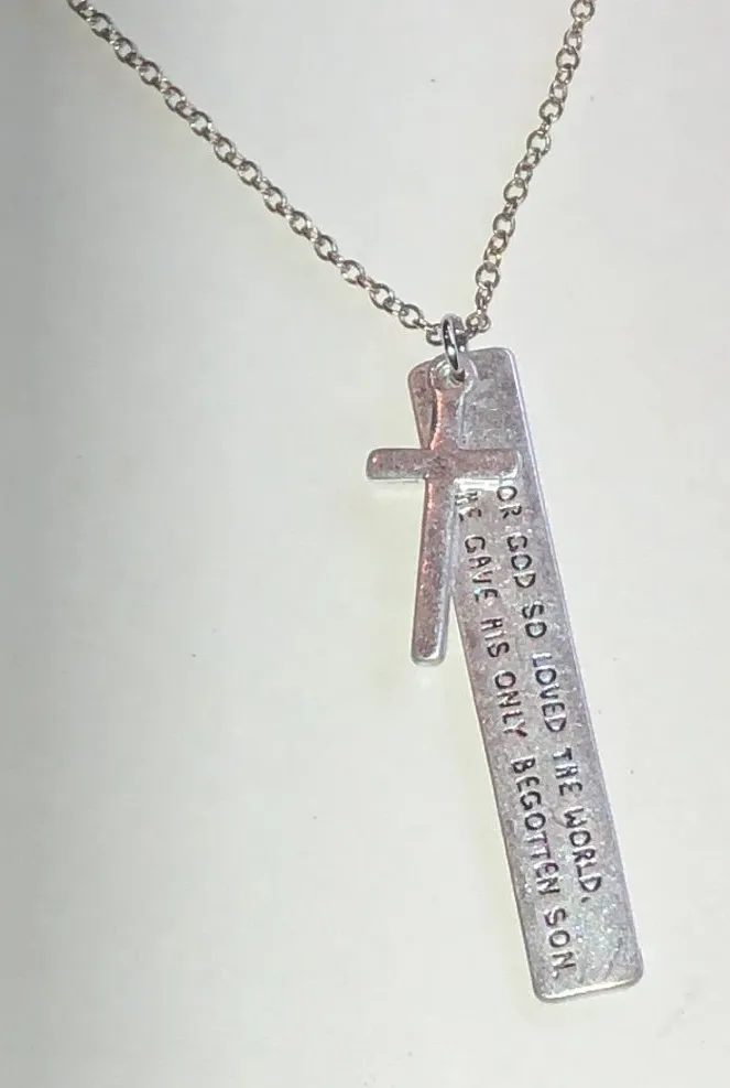 Silver Tone Cross and Scripture Pendant Necklace