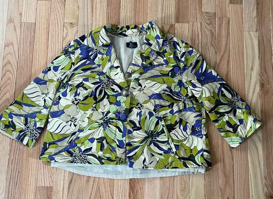 Vintage Floral Cropped Linen Jacket Artsy Tropical XL Green Blue Boho Beach