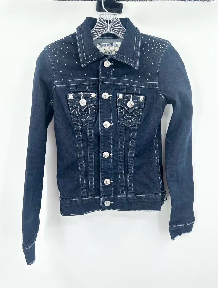 True Religion Denim Trucker Jean Jacket Blue Women's Size XS Diamante
