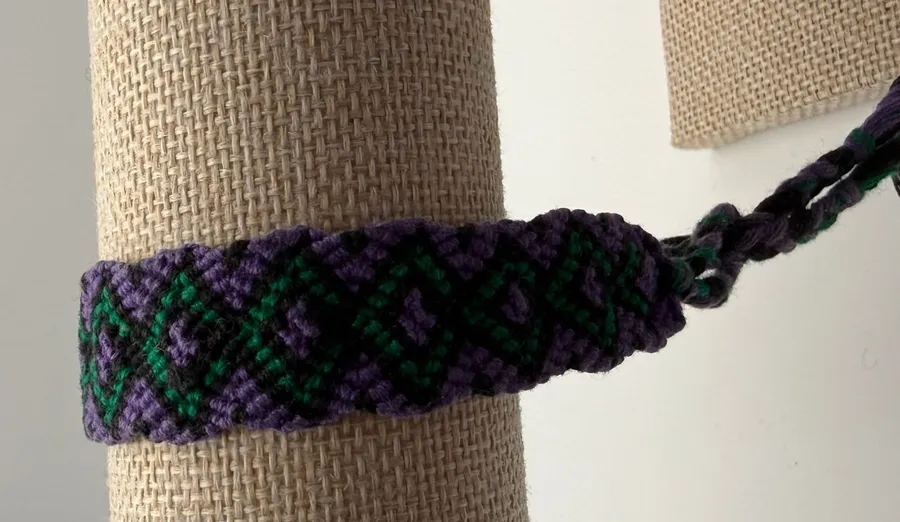 Purple Green Black Woven Friendship Bracelet Diamond Pattern Boho