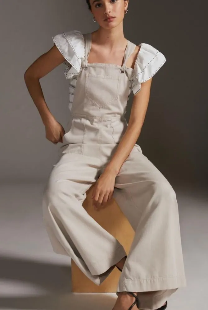 Anthropologie cream Wideleg carpenter summer overalls jumpsuit size xl NWT