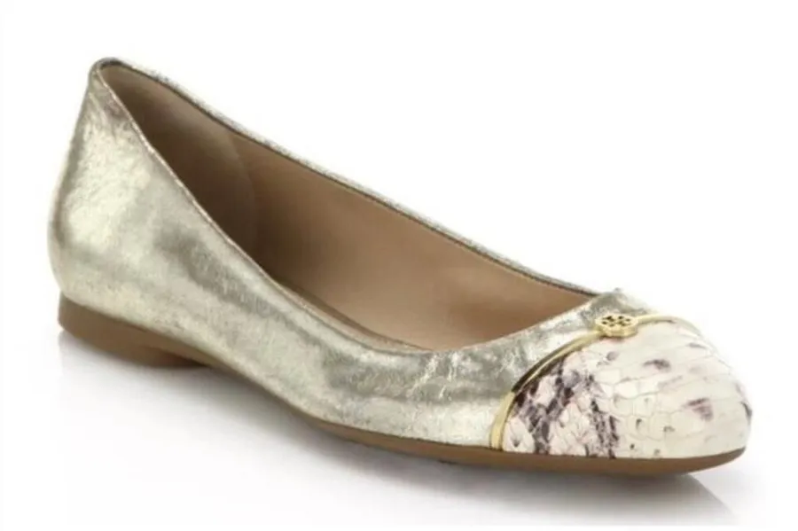 Tory Burch Size 9 Bar Logo Ballet Flat Champagne Natural Odyssey Karajah Print