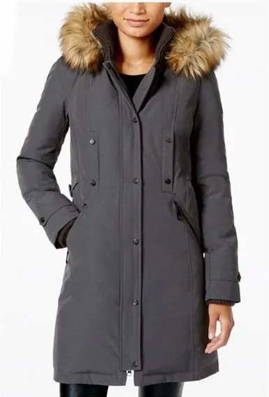 Gray Parka with Faux Fur Hood