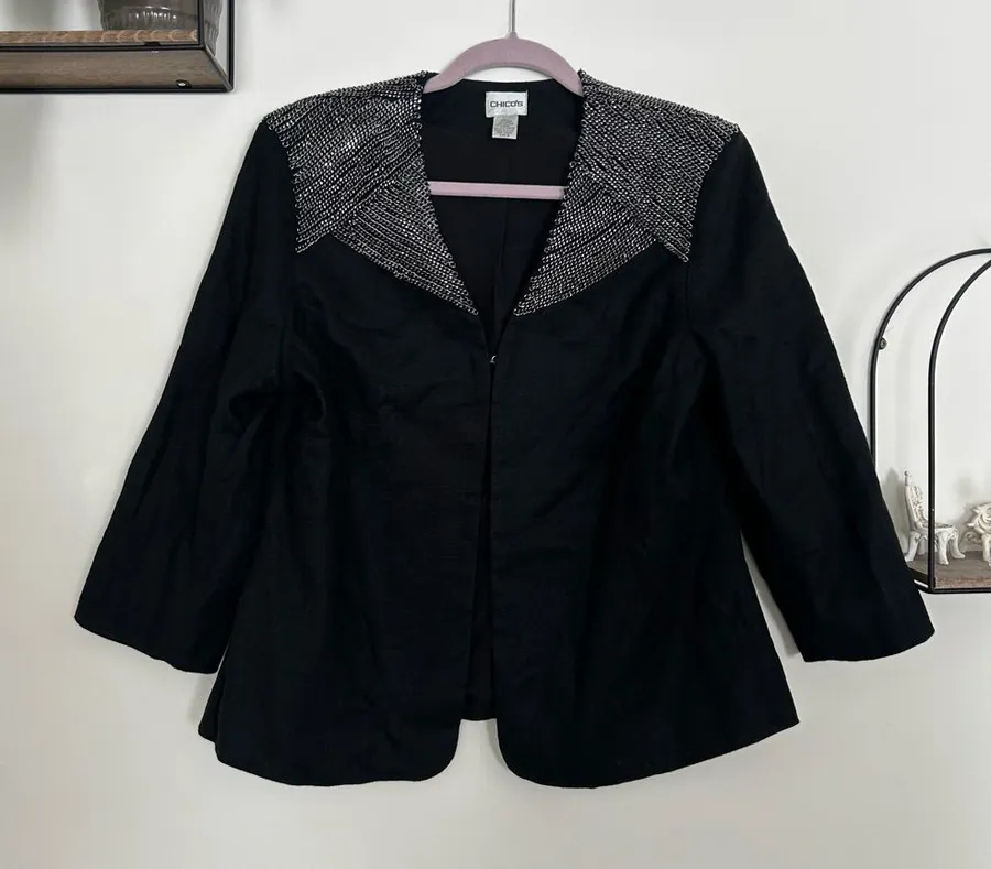 Chicos Linen Cotton Black Chain Detailed Blazer Jacket Size 2/Large/12