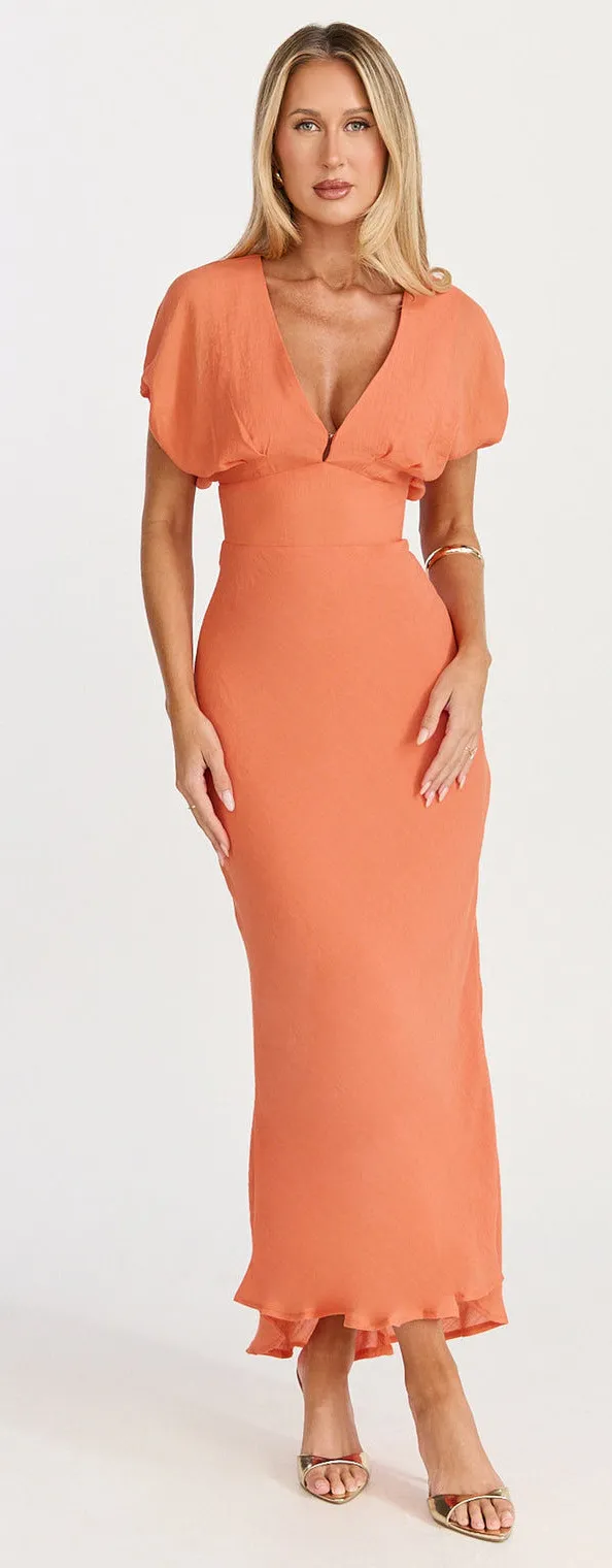 New Showpo Desiree Midi Dress V Neck Flutter Short Sleeve Slip Dress MSRP $129