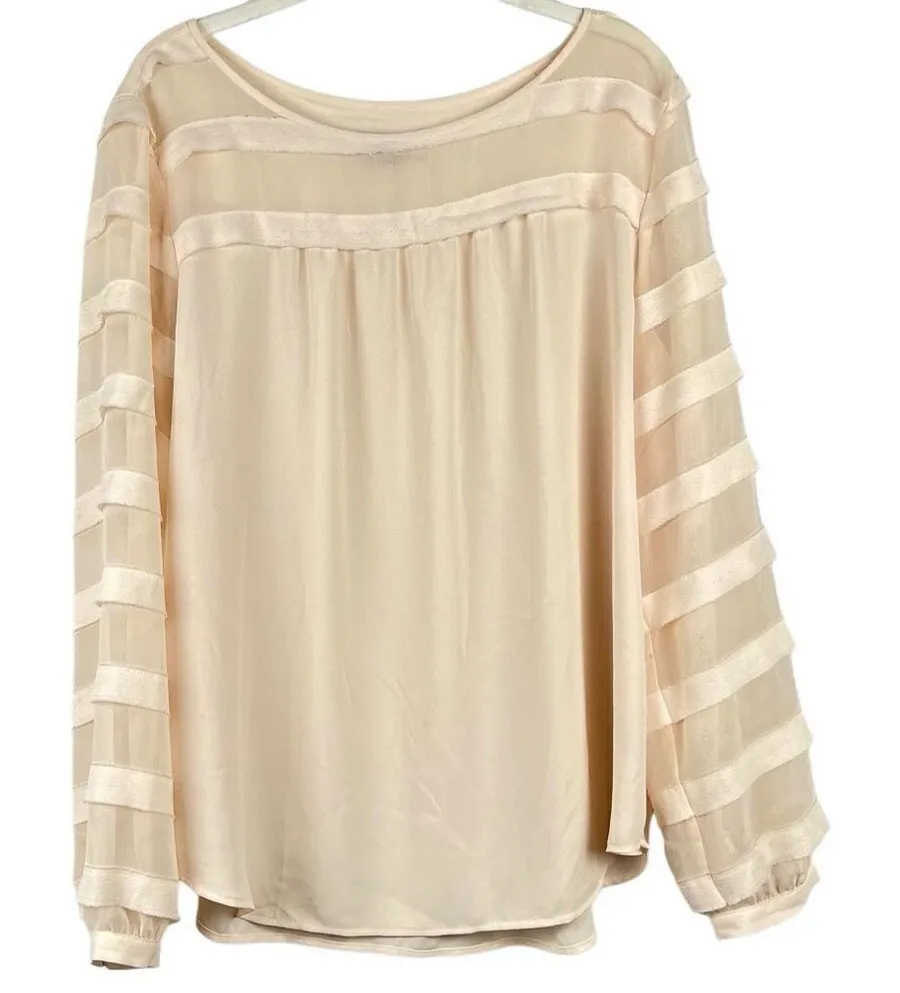 LOFT Women’s Cream Blouse Sheer Striped Sleeves Large