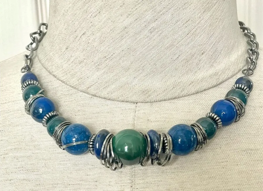 Premier Designs blue, green and silver beaded necklace