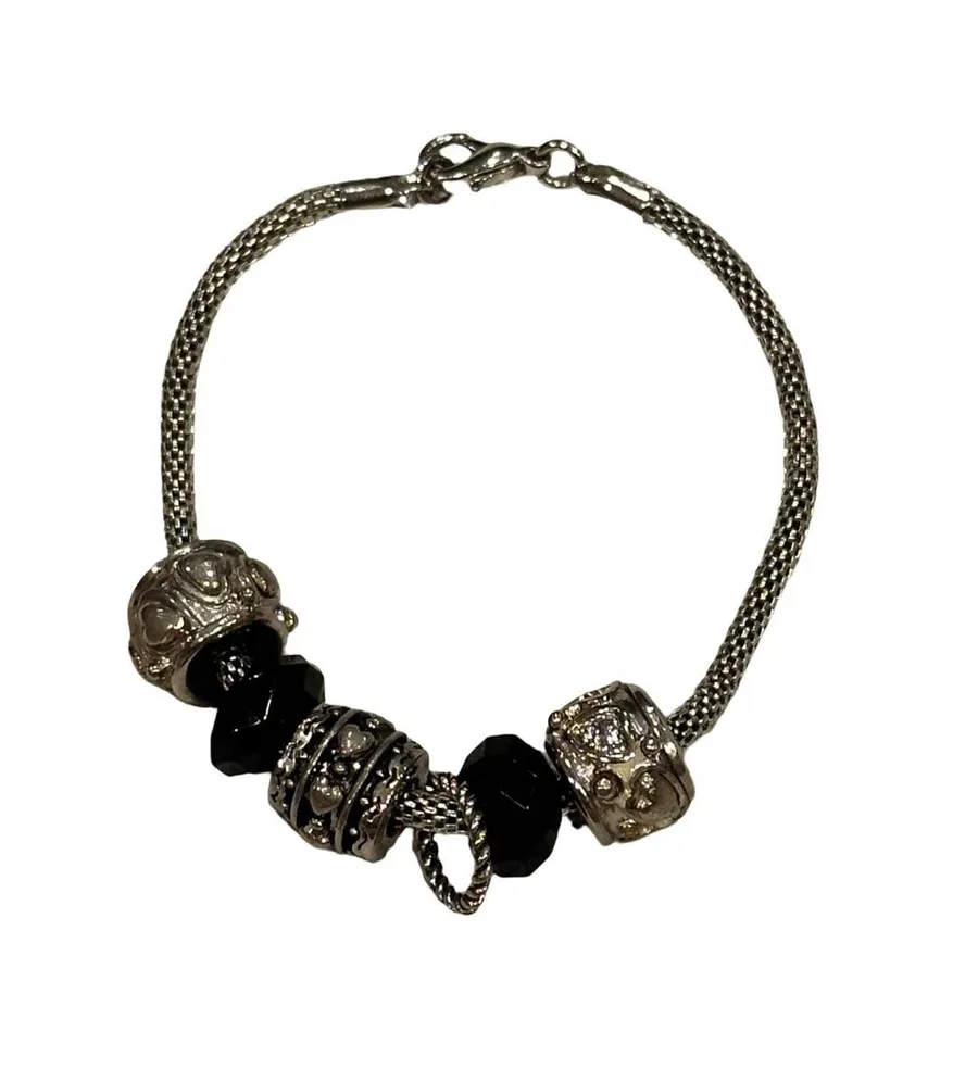 Brighton Style Silver Mesh Charm Bracelet Black Faceted Beads Hearts Love