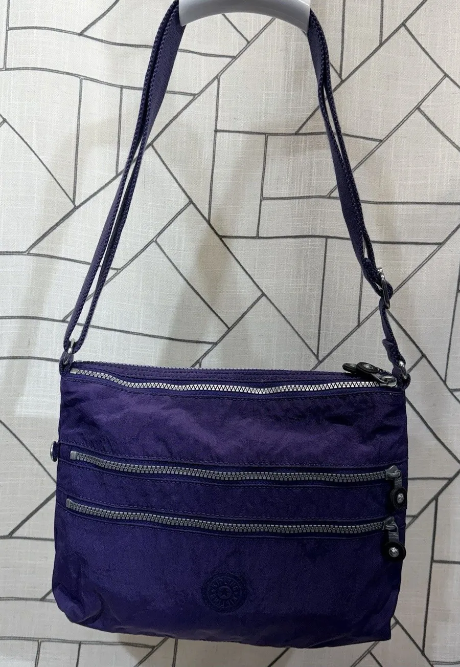 Kipling Crossbody Purse Shoulder Bag Purple Stamped Nylon Lightweight NO MONKEY