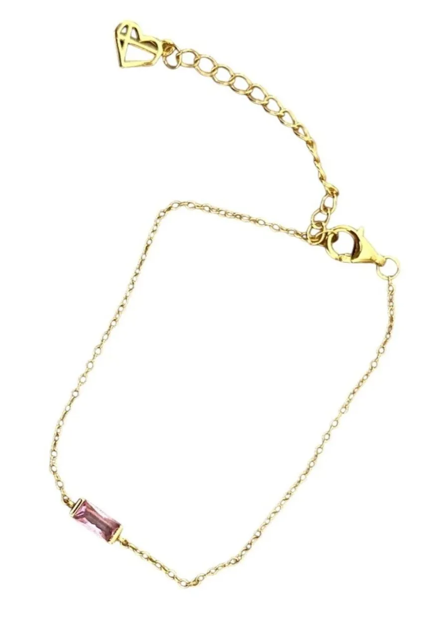 Caitlyn Minimalist October Pink Tourmaline Baguette Birthstone Bracelet Gold