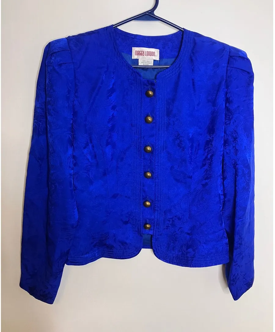 Maggy London Silk Jacquard Blazer Womens 10 Royal Blue Excellent Vintage Button