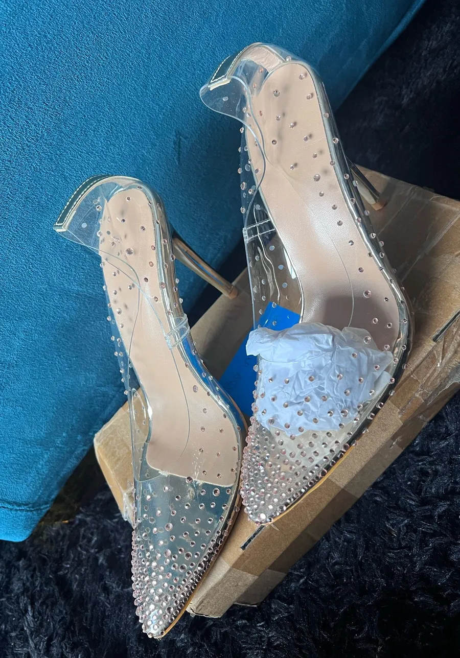 Clear Rhinestone Pointed Toe Stiletto Heels Glass Slipper Pumps US 9 EU 40 Silver