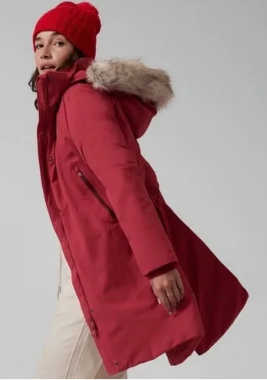 Athleta Rainout Outbound Parka Red Down Faux Fur Hood Winter Coat Womens Small
