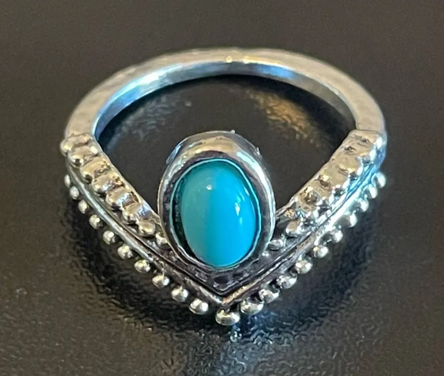Turquoise stone silver plated woman crown ring size 5