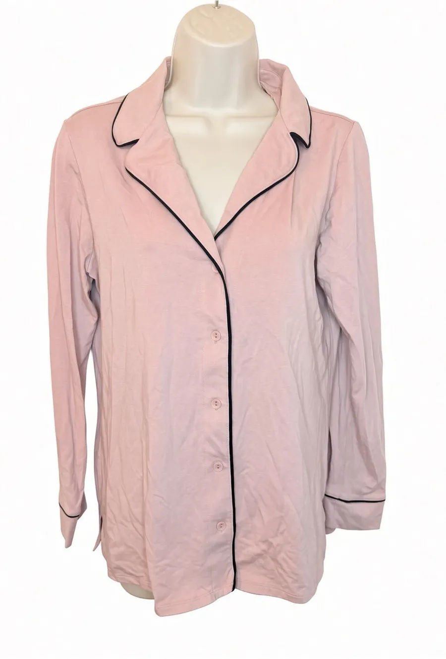 Soma Pink Knit Pajama Top Small Long Sleeve Button Up Black Piping