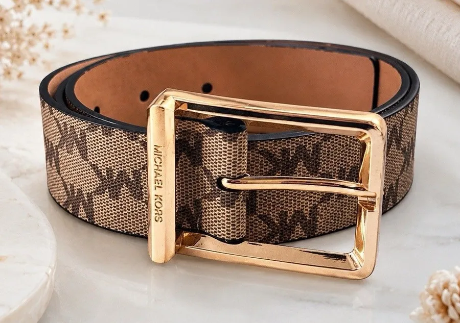 Michael Kors MK Signature Logo Belt Brown Vanilla Gold Buckle Women's Small