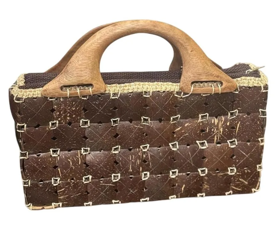 Handmade Coconut Shell Tile Handbag Dark Brown Wooden Handle Boho Bag