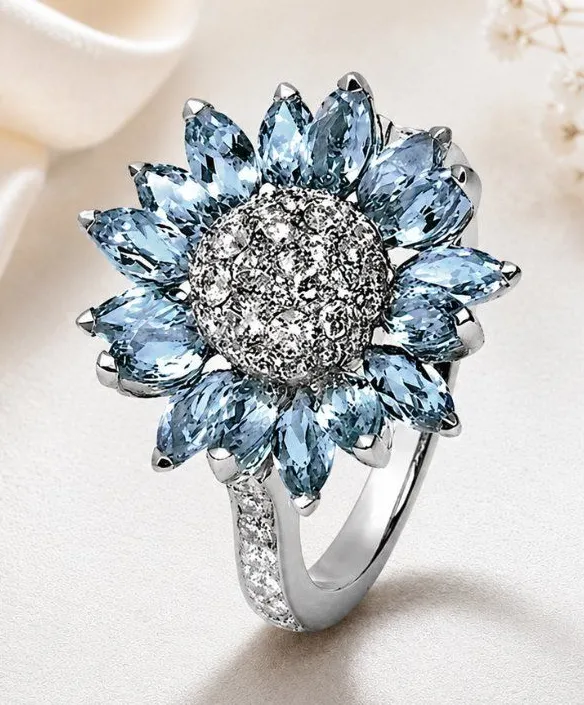 Sunflower Statement Ring Blue CZ Crystal Petals Silver Tone Size 6 NWT