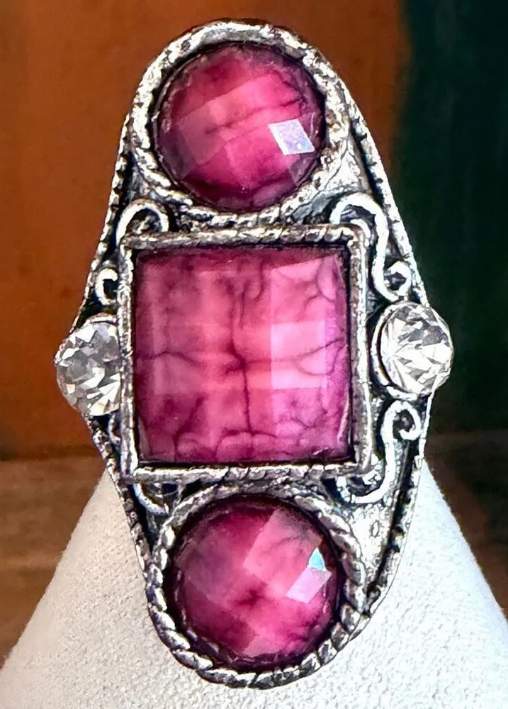 Pink Crackle beaded Statement Ring Adjustable Silver