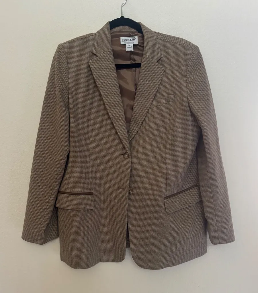 Pendleton Womens Brown Houndstooth 100% Virgin Wool Blazer Jacket Size 14