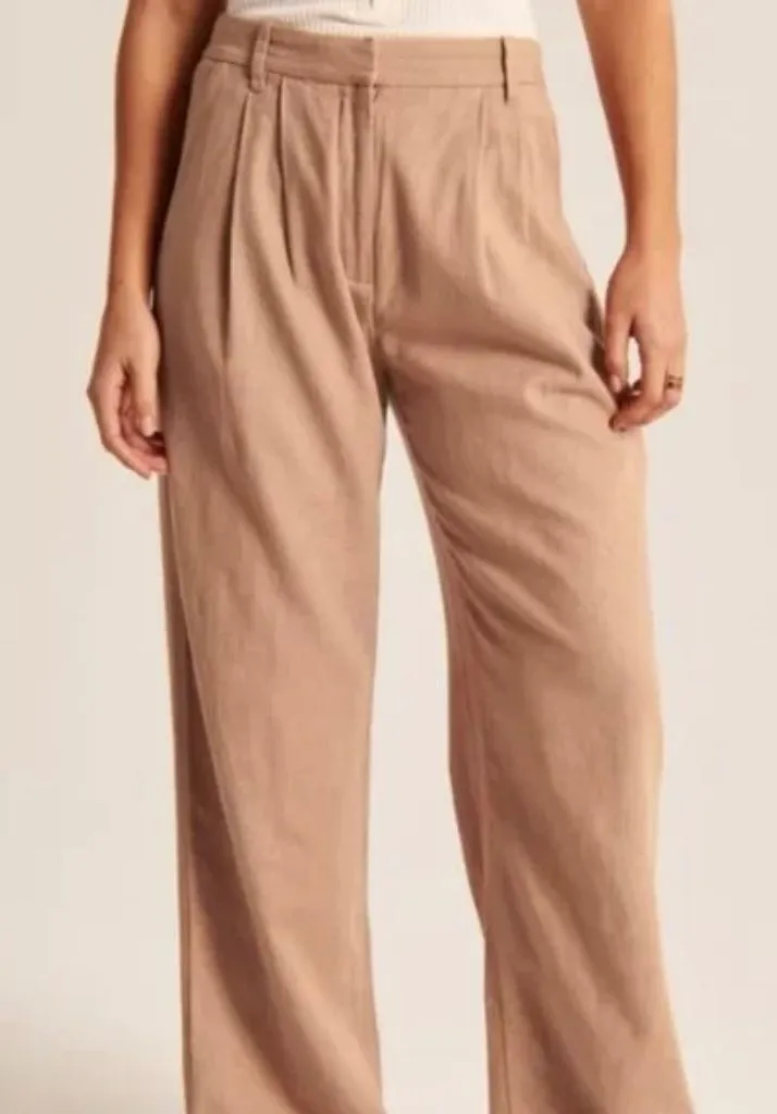 Abercrombie & Fitch Pants Women's Large Camel Linen Pleated High Rise Wide Leg