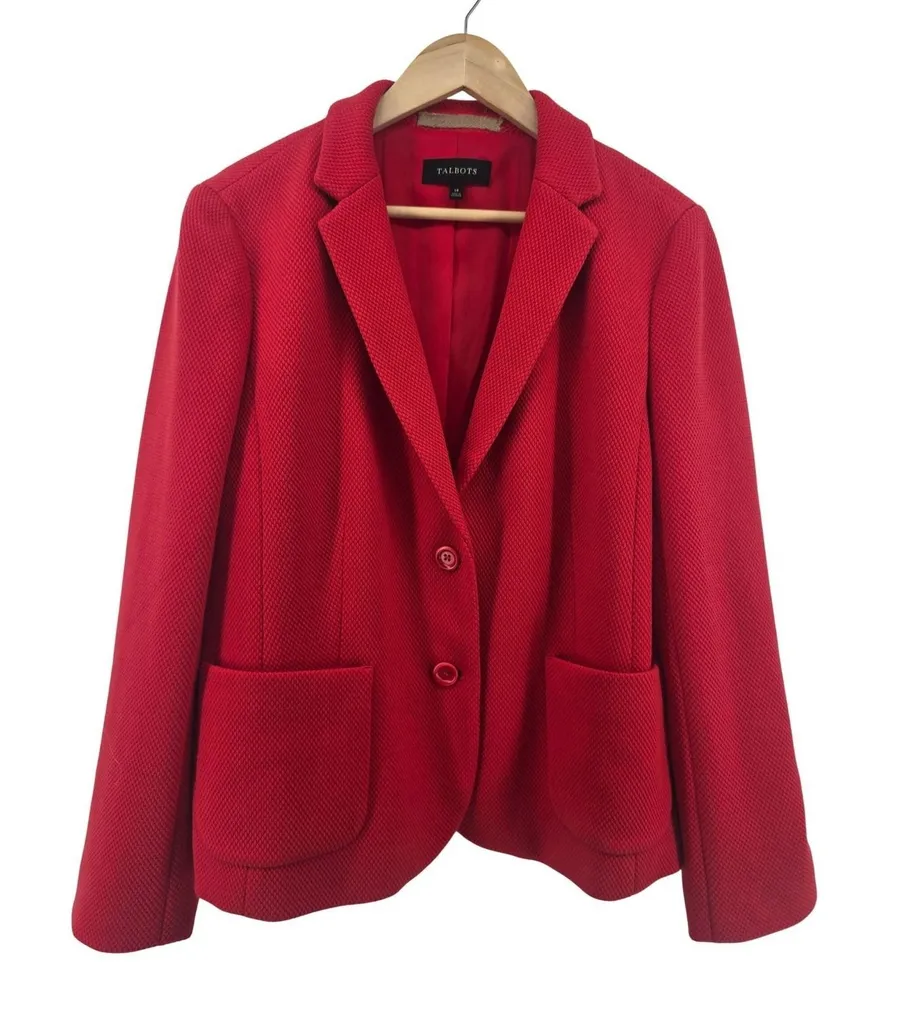 Talbots Blazer Women 14 Red Textured Pique Two Button Professional Career Jacket