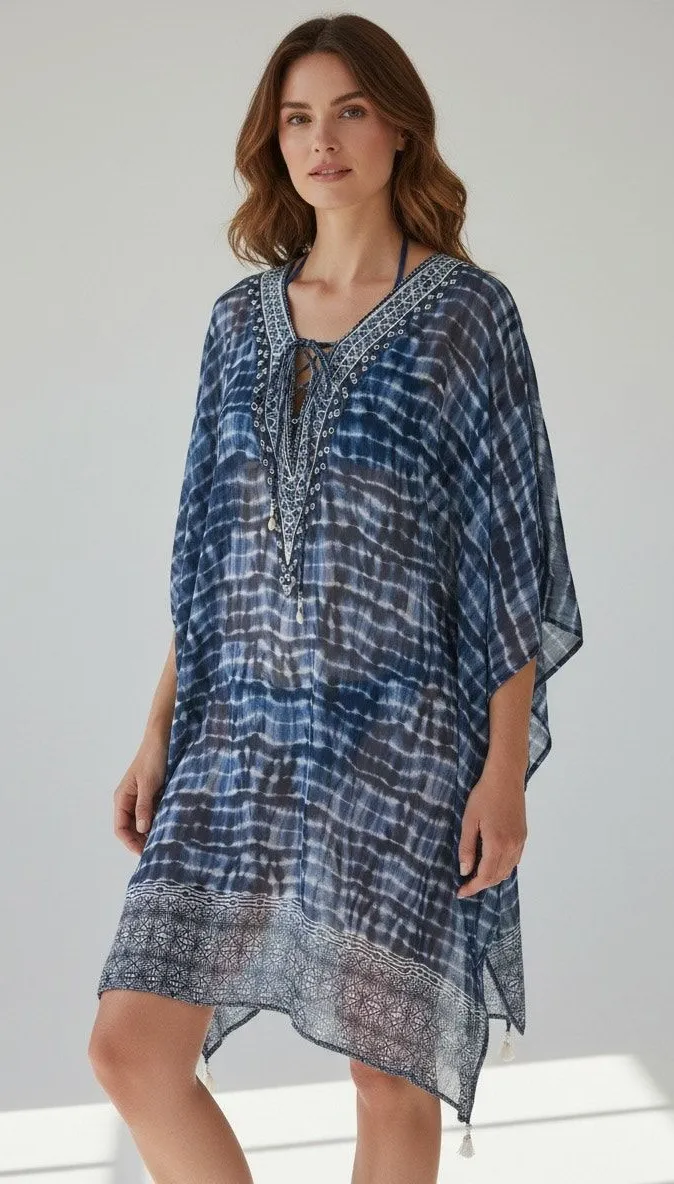 Bleu Rod Beattie Indigo Dye Sheer Beaded Coverup S/M
