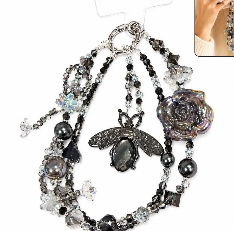 Handmade cute Beaded Phone Charm Strap Keychain Iridescent beads Bee Charm gift Black