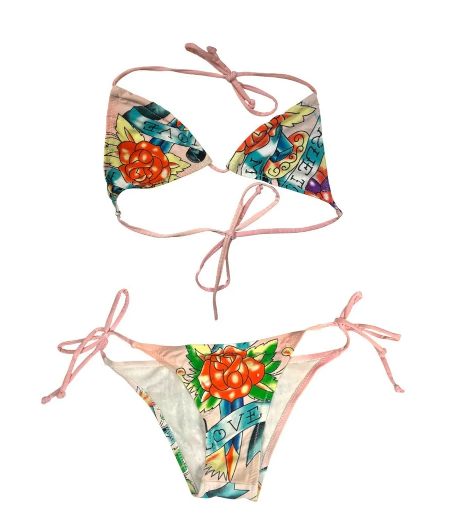Ed Hardy Vintage 90s Love Floral Tattoo String Triangle Bikini Set Size Small