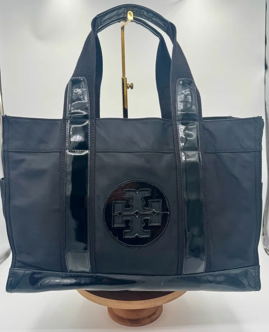 Tory Burch Ella Large Black Nylon Patent Trim Tote Bag