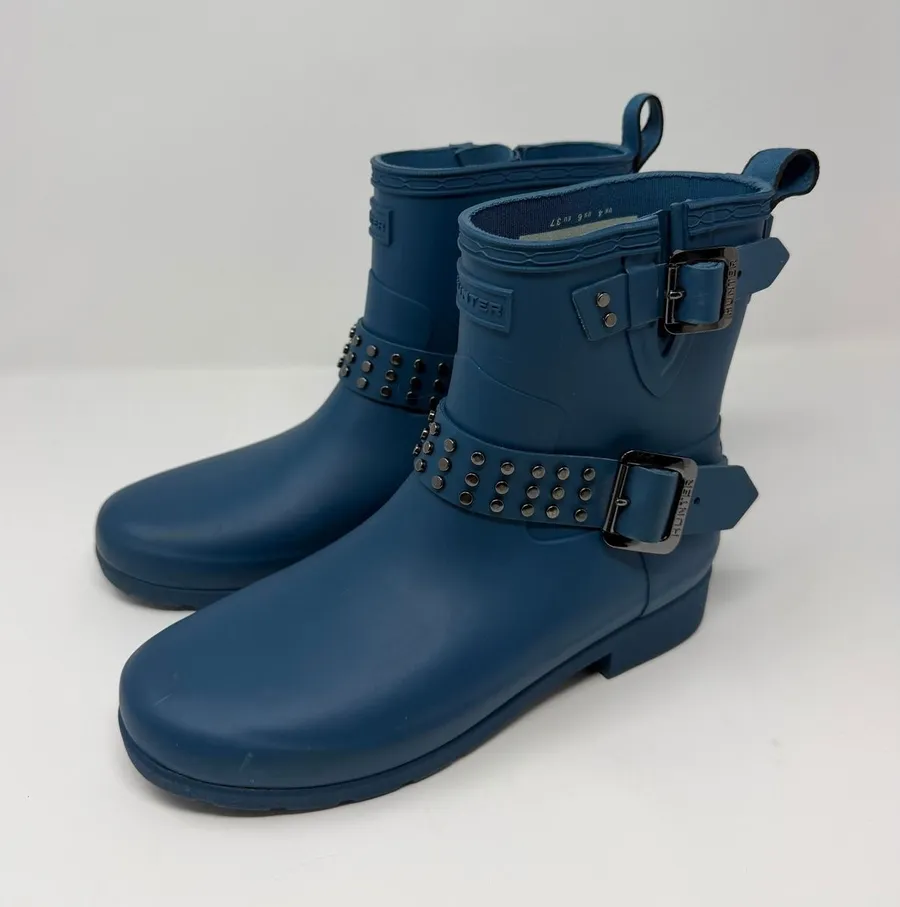 Hunter Refined Stud Biker Rain Boots Matte Blue Ankle Waterproof Studded US 6