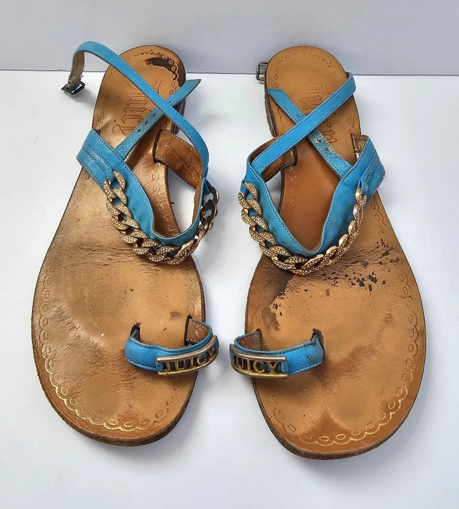 Vintage Juicy Couture Turquoise Leather Pave Chain Toe Ring Sandals Italy Sz 9.5