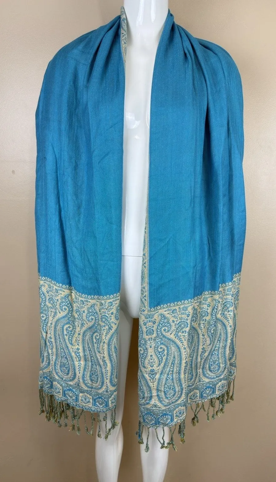 Pashmina Blue Paisley-Patterned Reversible Woven Wrap Fringed Shawl