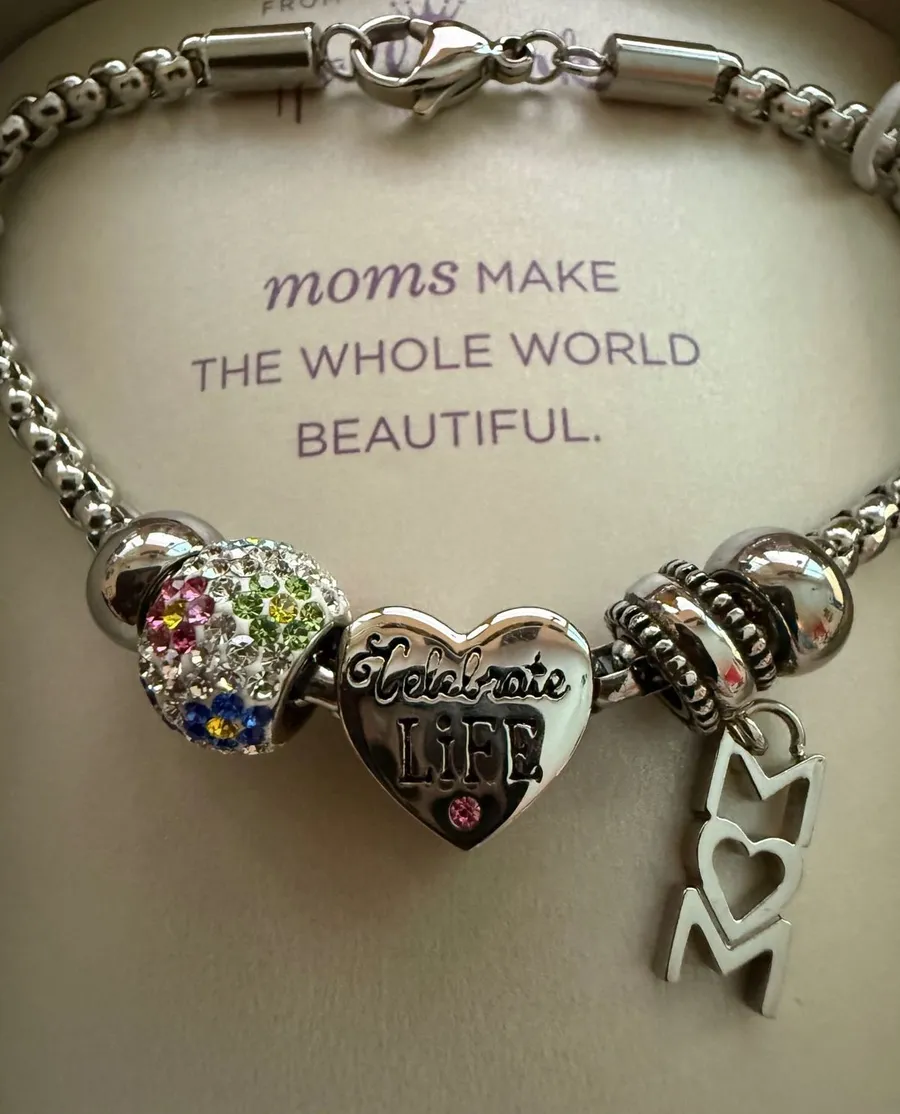 Connections from Hallmark Stainless Steel Mom Charm Bracelet Celebrate Life New