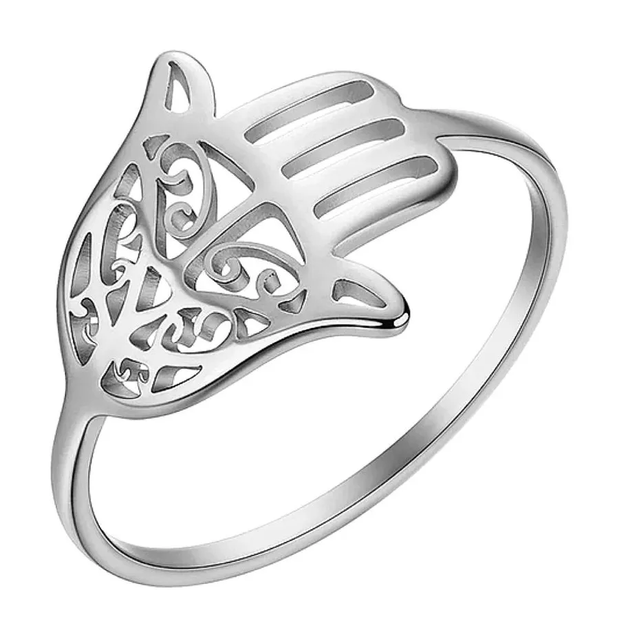 NEW Women's Adjustable 18k White Gold PVD Hamsa Hand Adjustable Ring