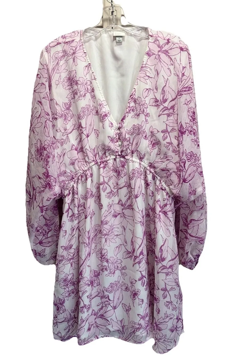 A New Day Chiffon Floral Short Dress Size L Long Sleeve Lined Ruffle Purple/Wh