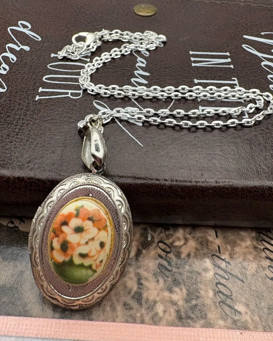 Vintage Floral Locket Necklace Romantic Heirloom Cottagecore Silver Tone Orange